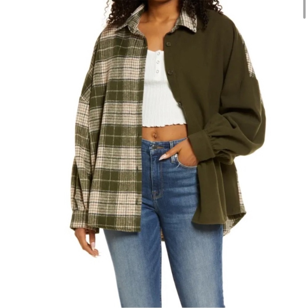 BP Olive Colorblock Plaid Button Down Shacket